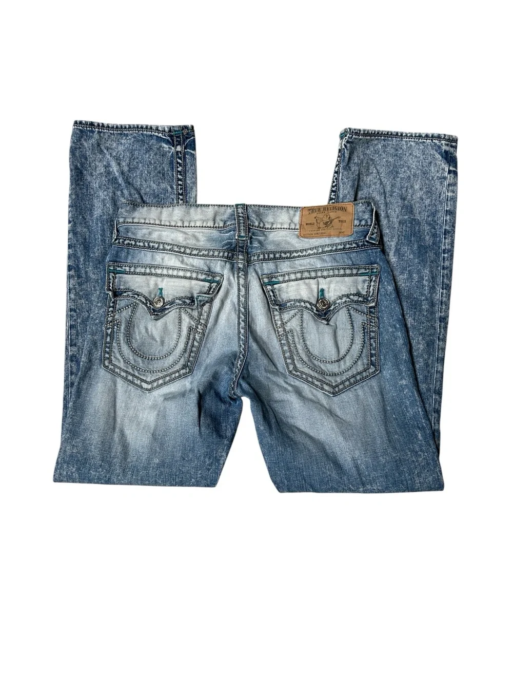 True Religion Straight Flap Chainstitch Acid Wash Jeans Y2K Size 34